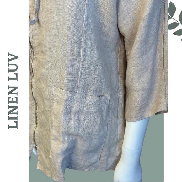 Linen Luv Zipper Front Hooded Jacket Front Pockets Natural Unlined - Picture 5 of 7